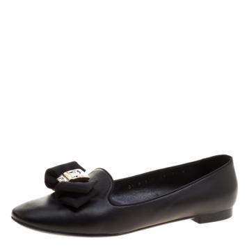 Pre Owned Salvatore Ferragamo Black Leather Gessy Crystal Embellished Bow Smoking Slippers Size 38