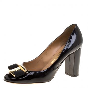 Pre Owned Salvatore Ferragamo Black Patent Leather Ninna Block Heel Bow Pumps Size 38.5
