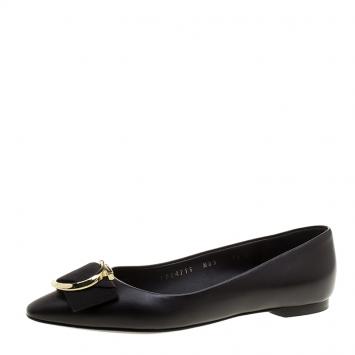 Pre Owned Salvatore Ferragamo Black Leather Ena Gancini Bow Pointed Toe Flats Size 36