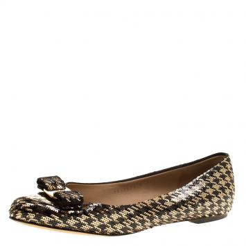 Pre Owned Salvatore Ferragamo Gold/Black Sequin Varina Ballet Flats Size 40.5
