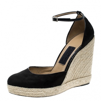Pre Owned Salvatore Ferragamo Black Suede Ankle Strap Espadrille Wedges Size 39.5