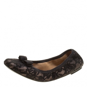 مملوكة مسبقًا Salvatore Ferragamo Black Lace My Joy Bow Detail Ballet Flats Size 37.5