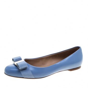 Pre Owned Salvatore Ferragamo Blue Leather Vara Bow Ballet Flats Size 36.5