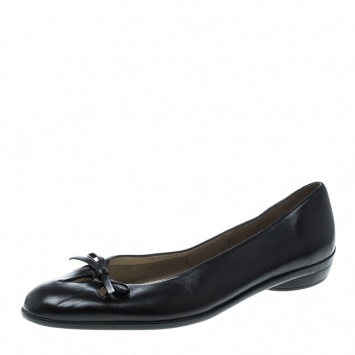 Pre Owned Salvatore Ferragamo Black Leather Cut out Detail Bow Ballet Flats Size 41.5