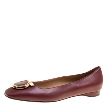 Pre Owned Salvatore Ferragamo Burgundy Leather Taissa Buckle Ballet Flats Size 39
