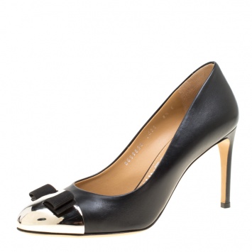 Pre Owned Salvatore Ferragamo Black Leather Nina Metal Cap Toe Pumps Size 39