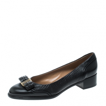 Pre Owned  Salvatore Ferragamo Black Lizard Embossed and Leather Vara Bow Block Heel Pumps Size 39.5