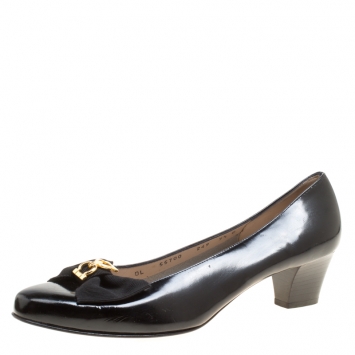 Pre Owned Salvatore Ferragamo Black Leather Gancio Bow Block Heel Pumps Size 40