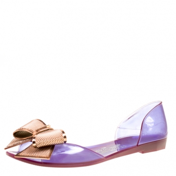 مملوكة مسبقًا Salvatore Ferragamo Purple Jelly Barbados Metal Bow Peep Toe D'orsay Flats Size 35.5