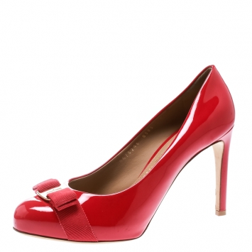Pre Owned Salvatore Ferragamo Red Leather Pimpa Vara Bow Pumps Size 39