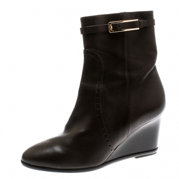Pre Owned Salvatore Ferragamo Brown Leather Navy Wedge Ankle Boots Size 37.5