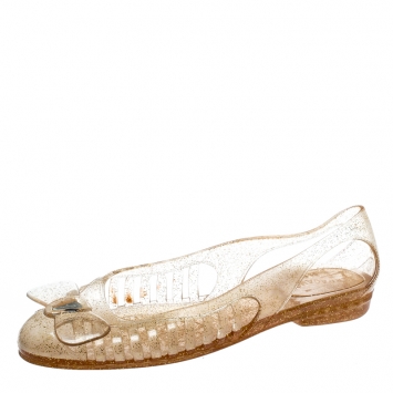 مملوكة مسبقًا Salvatore Ferragamo Transparent Glitter Jelly Spiffy Bow Detail Flats Size 37.5
