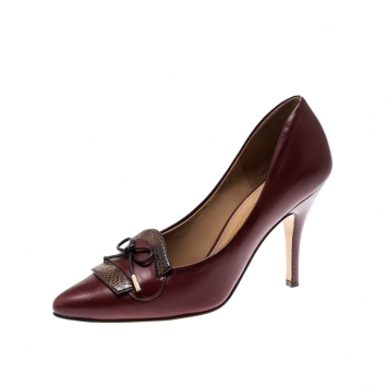 Pre Owned Salvatore Ferragamo Burgundy Leather And Python Trim Bow Pointed Toe Pumps Size 37