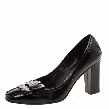 Pre Owned Salvatore Ferragamo Black Patent Leather Fringe Detail Loafer Pumps Size 40.5