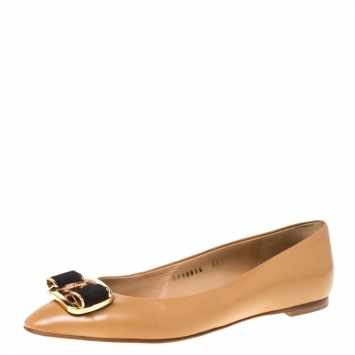 Pre Owned Salvatore Ferragamo Brown Leather And Pony Hair Bow Ballet Flats Size 39.5 