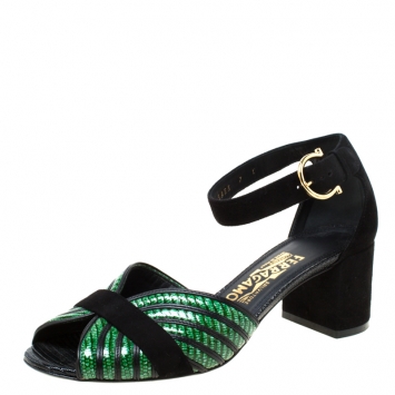 Pre Owned Salvatore Ferragamo Green Lizard Embossed Leather And Black Suede Ankle Strap Block Heel Sandals Size 37.5