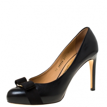 Pre Owned Salvatore Ferragamo Black Leather Pimpa Vara Bow Pumps Size 39.5