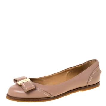 Pre Owned Salvatore Ferragamo Beige Leather Vara Bow Ballet Flats Size 36 