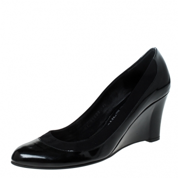 Pre Owned Salvatore Ferragamo Black Patent Leather Wedge Pumps Size 39.5