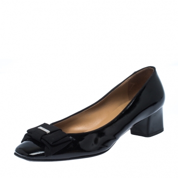 Pre Owned Salvatore Ferragamo Black Patent Leather Bow Block Heel Pumps Size 36.5