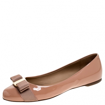 Pre Owned Salvatore Ferragamo Beige Patent Leather Varina Ballet Flats Size 37.5 
