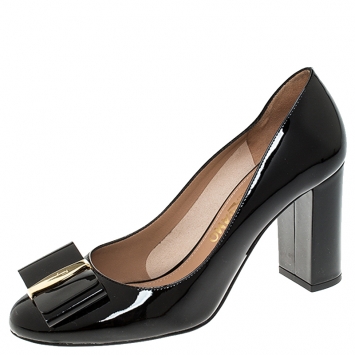 Pre Owned Salvatore Ferragamo Black Patent Leather Alice Block Heel Pumps Size 39.5 