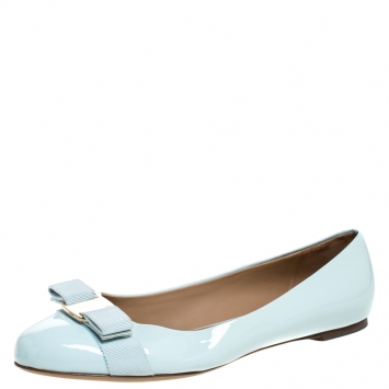 Pre Owned Salvatore Ferragamo Blue Patent Leather Vara Bow Ballet Flats Size 39