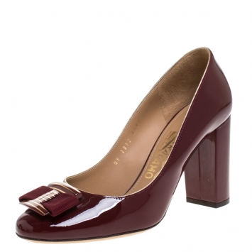 Pre Owned Salvatore Ferragamo Red Patent Leather Ninna Block Heel Pumps Size 38.5
