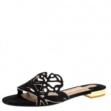 Pre Owned Salvatore Ferragamo Black Suede Cutout Flat Slide Sandals Size 37