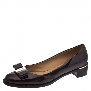 Pre Owned Salvatore Ferragamo Burgundy Patent Leather Vara Bow Pumps Size 40.5