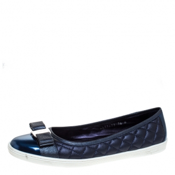 Pre Owned Salvatore Ferragamo Metallic Blue Quilted Leather Bow Ballet Flats Size 40.5
