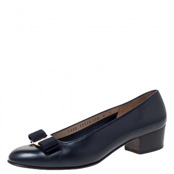Pre Owned Salvatore Ferragamo Blue Leather Vara Bow Flats Size 38.5