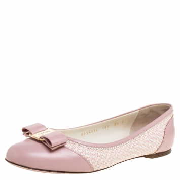 Pre Owned Salvatore Ferragamo Pink/White Leather Vara Bow Slip On Flats Size 39