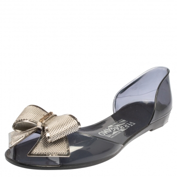 Pre Owned Salvatore Ferragamo Dark Grey Jelly Barbados Bow Peep Toe D'orsay Flats Size 40.5