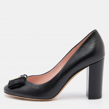 Pre Owned Salvatore Ferragamo Black Leather Bow Block Heel Pumps Size 40.5