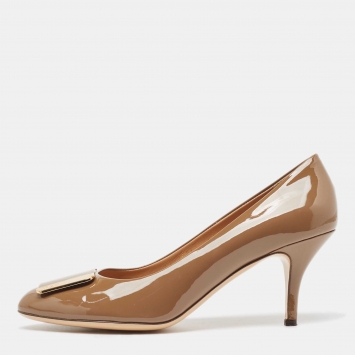 Pre Owned Salvatore Ferragamo Brown Patent Leather Round Toe Pumps Size 40