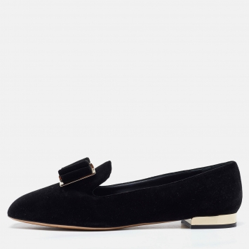 Pre Owned Salvatore Ferragamo Black Velvet Viva Bow Ballet Flats Size 39.5