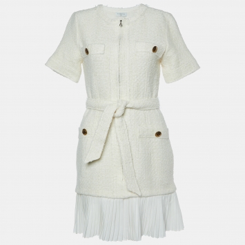 Pre Owned Sandro Off White Tweed Pleated Hem & Belted Mini Dress S