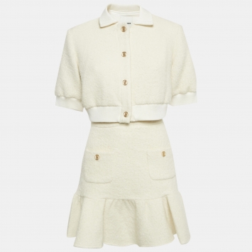 Pre Owned Sandro Ecru Tweed Crop Jacket and Mini Skirt Set S
