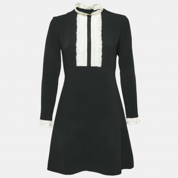 Pre Owned Sandro Black Crepe Lace Trim Shift Mini Dress M