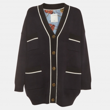 Pre Owned Sandro Navy Blue Contrast Striped Knit Chelan Cardigan L