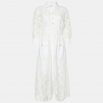 Pre Owned Sandro White Embroidered Lace Midi Dress L