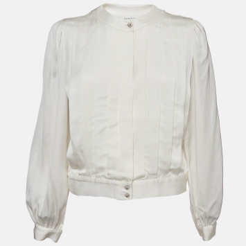 Pre Owned Sandro Off-White Satin Pleated Blouse S 