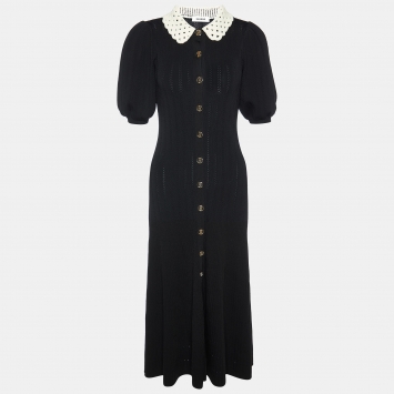 Pre Owned Sandro Black Knit Crochet Collar Villa Midi Dress M