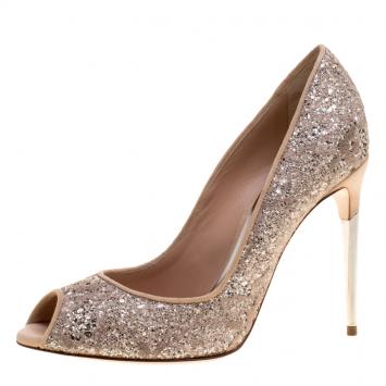 Pre Owned Sebastian Beige Lace and Silver Glitter Peep Toe Pumps Size 38