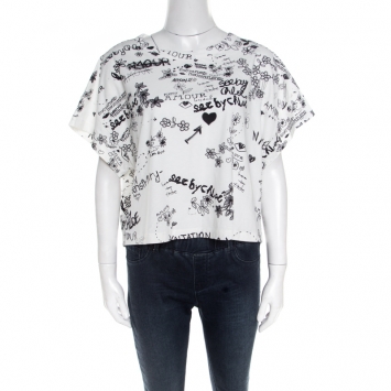 Pre Owned See By Chloe Cloudy White Doodle Print Cotton Cropped T-Shirt L