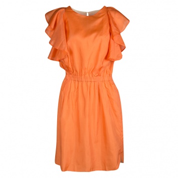 Pre Owned See By Chloe Orange Silk Ruffled Sleeve Gathered Waist Dress M