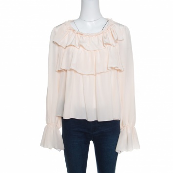 Pre Owned See by Chloe Sheer Pastel Pink Silk Tiered Ruffle Detail Blouse L