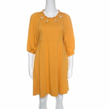 Pre Owned See By Chloe Mustard Yellow Embellished Neck Short Sleeve Dress S