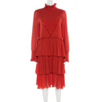 Pre Owned See By Chloe Earthy Red Ruffled Tiered Long Sleeve Dress M